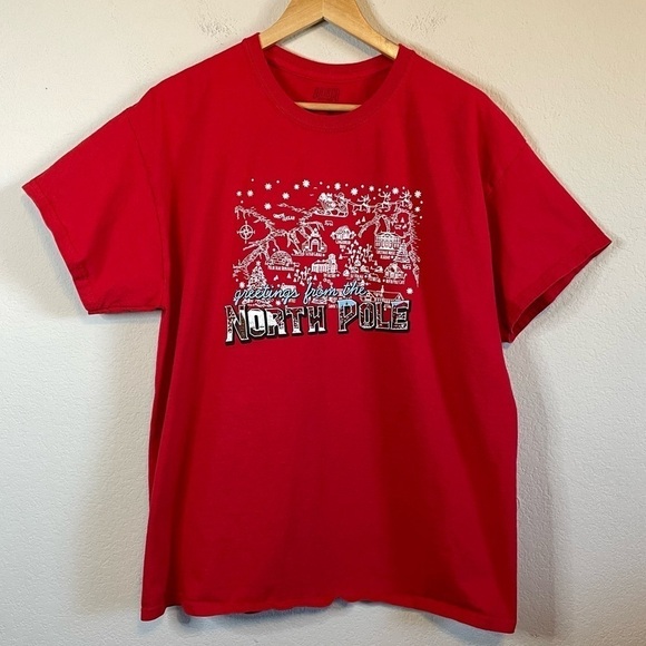 Greetings From The North Pole Holiday Christmas Red Short Sleeve T Shirt Size XL - Picture 1 of 5